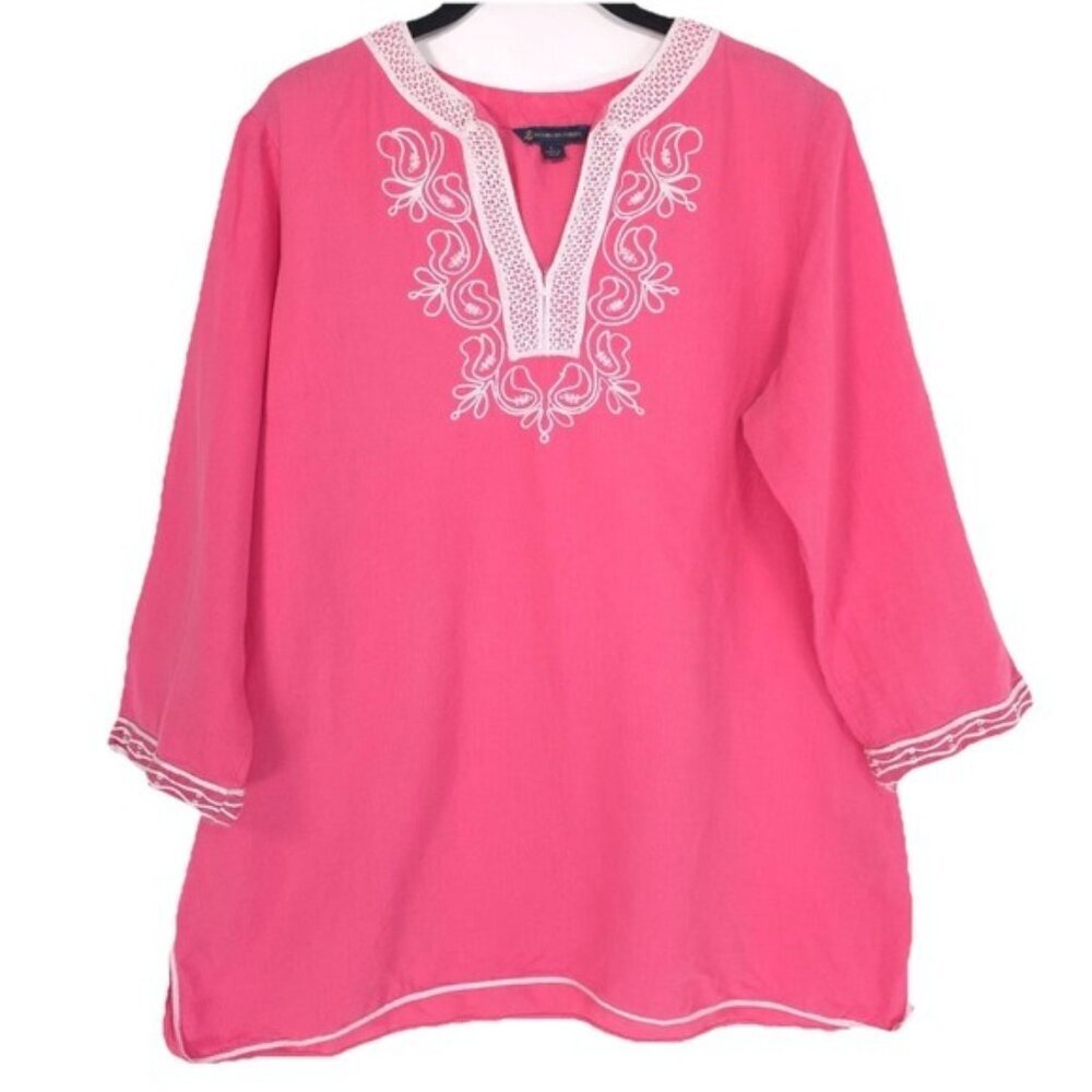 Brooks Brothers Women's Embroidered LINEN‎ Blend Tunic Top LARGE Pink 3/4 Sleeve